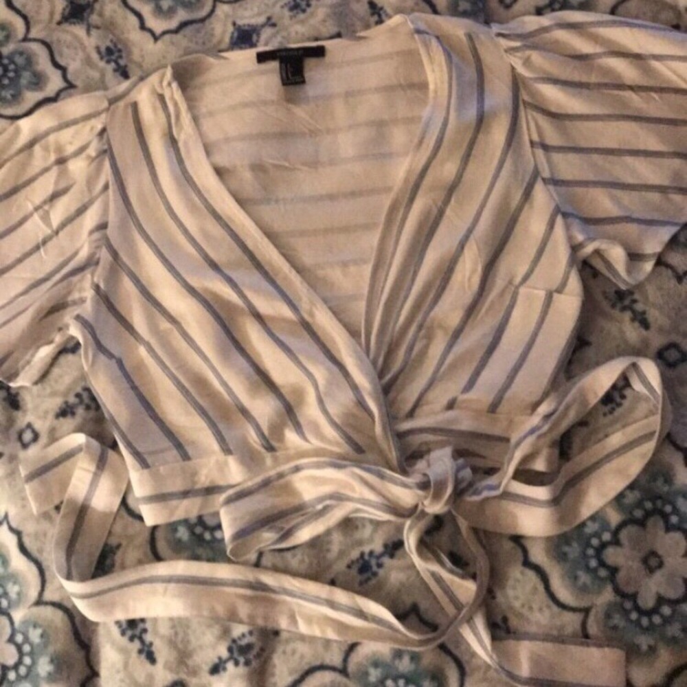 Blue and white tie front top